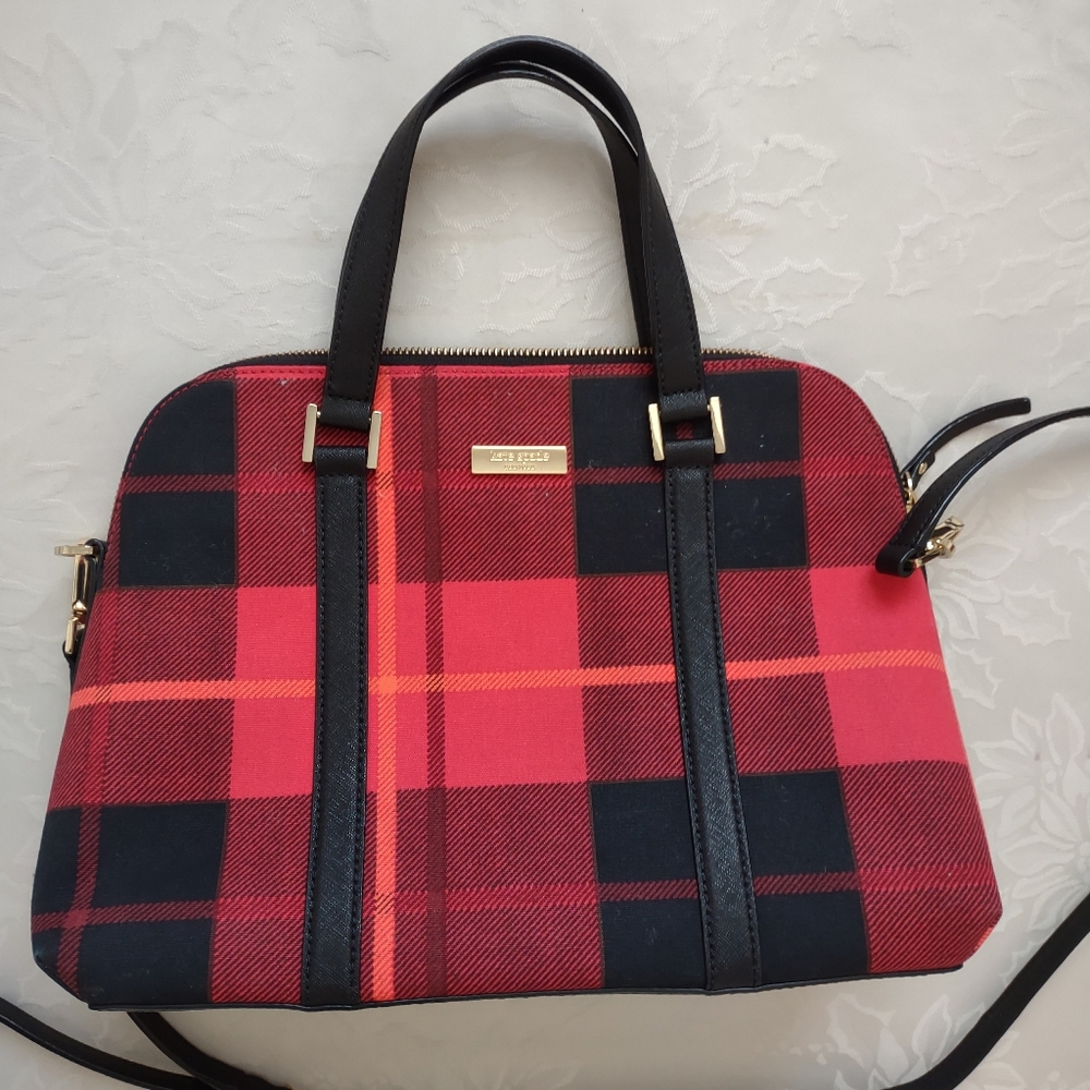 Gold plated hardware red plaid tartan handbag shoulder crossbody Kate Spade